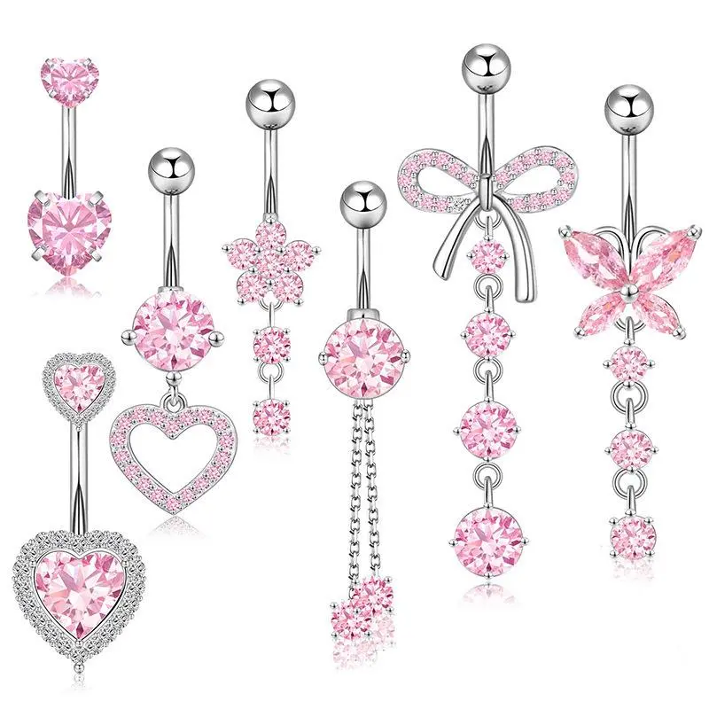 Women's 14G Durable and Comfortable Surgical Steel Belly Piercing Rings - Silver Cubic Zirconia Dangle Body Jewellery with Decorative Stones, Rose Gold Charms, Female Dangling CZ Stones Accessory, Versatile Styling