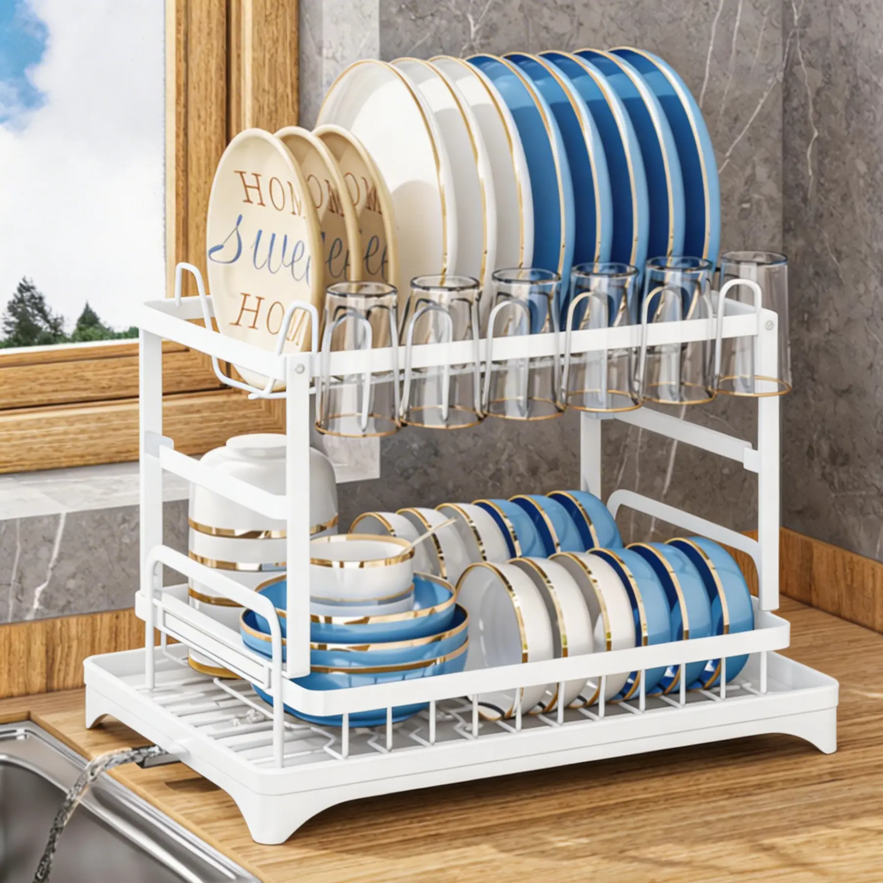 Garvee Multifunctional Carbon Steel Over basin Dish Drying Rack – Kitchen Organizer with Knife, Cutting Board & Utensil Holder – Sturdy Plate Storage Shelf for Countertop – WDJ-8018-BK Black