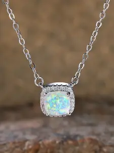 Female Synthetic Crystal White Synthetic Opal Squarel Stone Pendant Necklace Vintage Silver Color Wedding Jewelry For Women