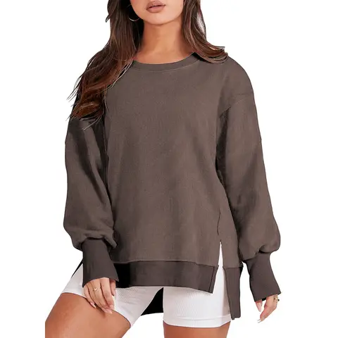 Aleumdr Lady's Plus Size Casual Cozy Sports Sweatshirt - Classic Crew Neck Longsleeves Pullover Top with High-Low Slit Hem, Women's Plus Size Clothing Sweaters