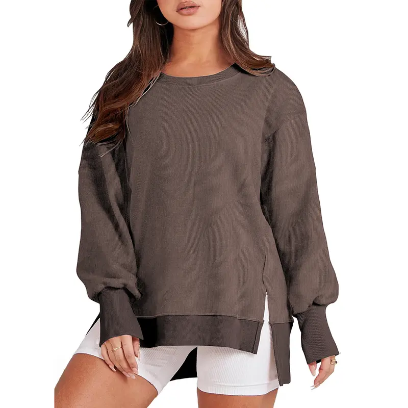 Aleumdr Lady's Plus Size Casual Cozy Sports Sweatshirt - Classic Crew Neck Longsleeves Pullover Top with High-Low Slit Hem, Women's Plus Size Clothing Sweaters