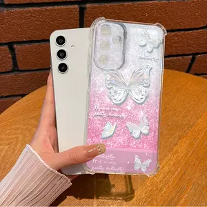 Silver Butterfly Pattern Elegant Design Aesthetic TPU Casing For SAMSUNG GALAXY A14 A15 A16 A25 A26 A34 A35 A36 A53 A54 A55 A56 4G 5G Four Corners Transparent Soft Silicone TPU  Full Protection Anti-Drop Phone Cases  Cover L1314 Protective Cellphone
