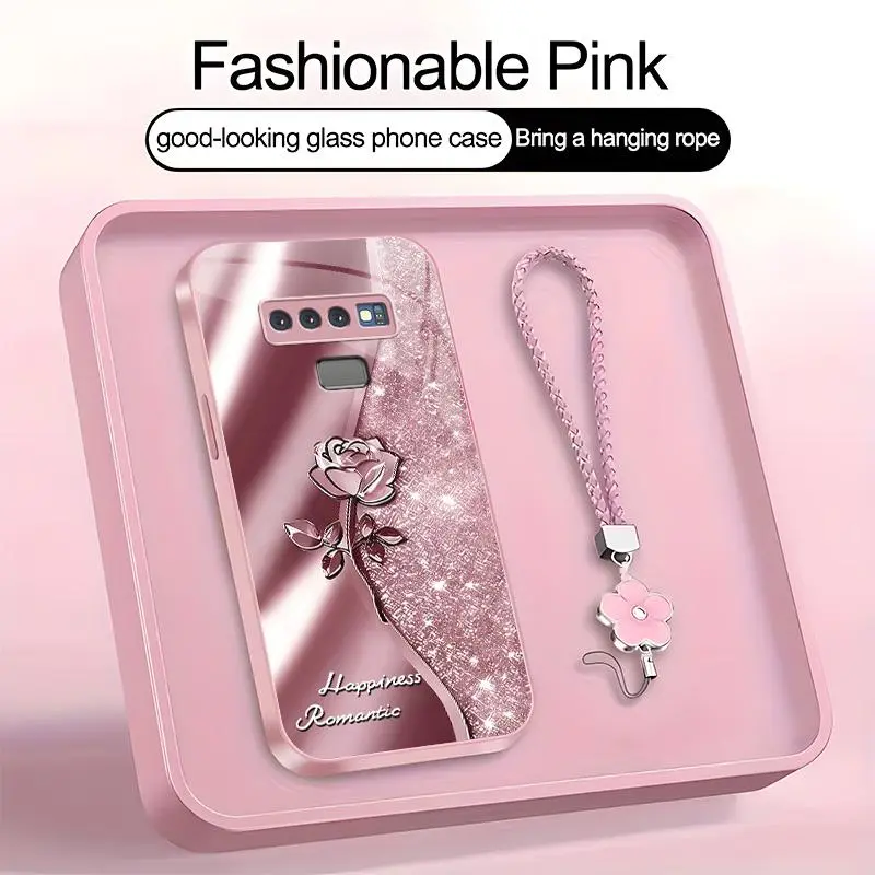 Suitable for [Galaxy Note9] high-end phone case，a beautiful four-leaf clover lanyard is included,printed case, no glitter，exquisite high-quality rose pattern,a variety of colors are available for you to choose from YM99