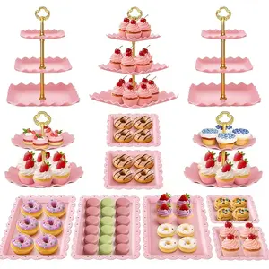 sebastian CADIA, 12-piece pink dessert table display set, Plastic cake stand, 3-tier cake tower & 2-tier cake rack & trays , suitable for cookies, candies, tea parties, baby showers and birthdays