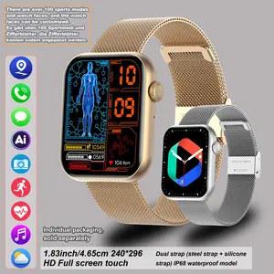 Men's and women's smart sports watch, 1.83-inch HD touch screen, wireless calling, AI voice assistant, over 100 sports modes, pedometer, blood pressure and heart rate sports tracker, Milanese stainless steel strap, silicone strap, waterproof watch.