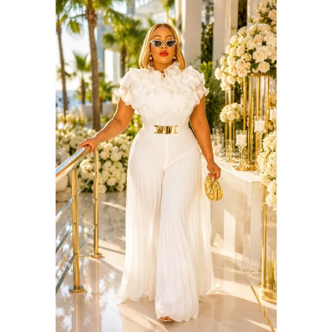 Glamorous White Ruffle Pleated Curvy Palazzo Jumpsuit