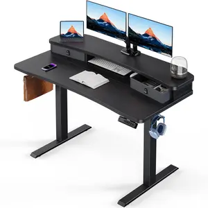 Electric Standing Desk with 2 Drawers, C-Clamp Mount Compatible, Height Adjustable Computer Desk, Home Office Stand Up Desk with 4 Preset Heights & 2 Hooks