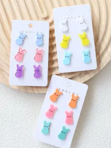 Easter Acrylic Egg Bunny Earrings Set of Three Pairs, Cute Fun Colorful Cartoon Holiday Earings, Casual All Seasons Jewelry Gift