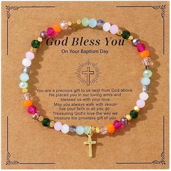 BloomWish S Cross Bracelet for Women Beaded Bracelet Baptism Christian First Confirmation Communion Religious Gifts Easter Basket Stuffers