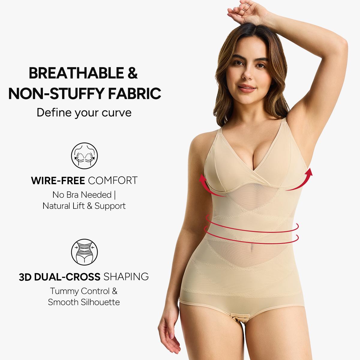 [MAX] Nebility Women's Vneck Bodysuit Shapewear - Built-in Bra, Mesh Breathable Compression, Sleeveless High Waisted, Basic Minimalist Comfort Womenswear Black&Black summerwins