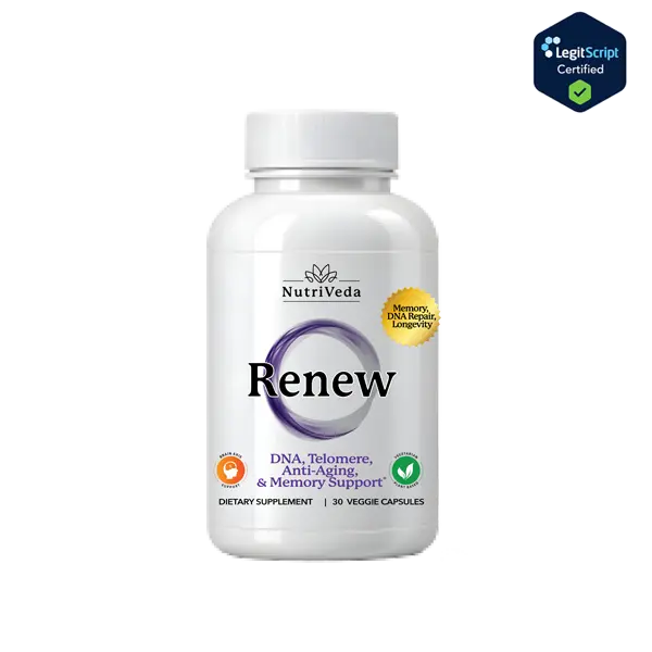 NutriVeda Renew Supplements - NAD+ Booster for Cellular Health DNA Protection Telomere Support Memory Focus & Energy 30 Veggie Capsules