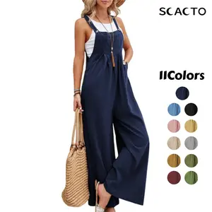 Scacto Women's Casual Suspender Trousers Overall - Solid Color Mid-Waist Straight Type 100% Polyester with Pockets