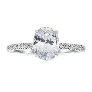 Classic .925 Sterling Silver 2CT Oval CZ Solitaire Engagement Ring with Pave Thin Band