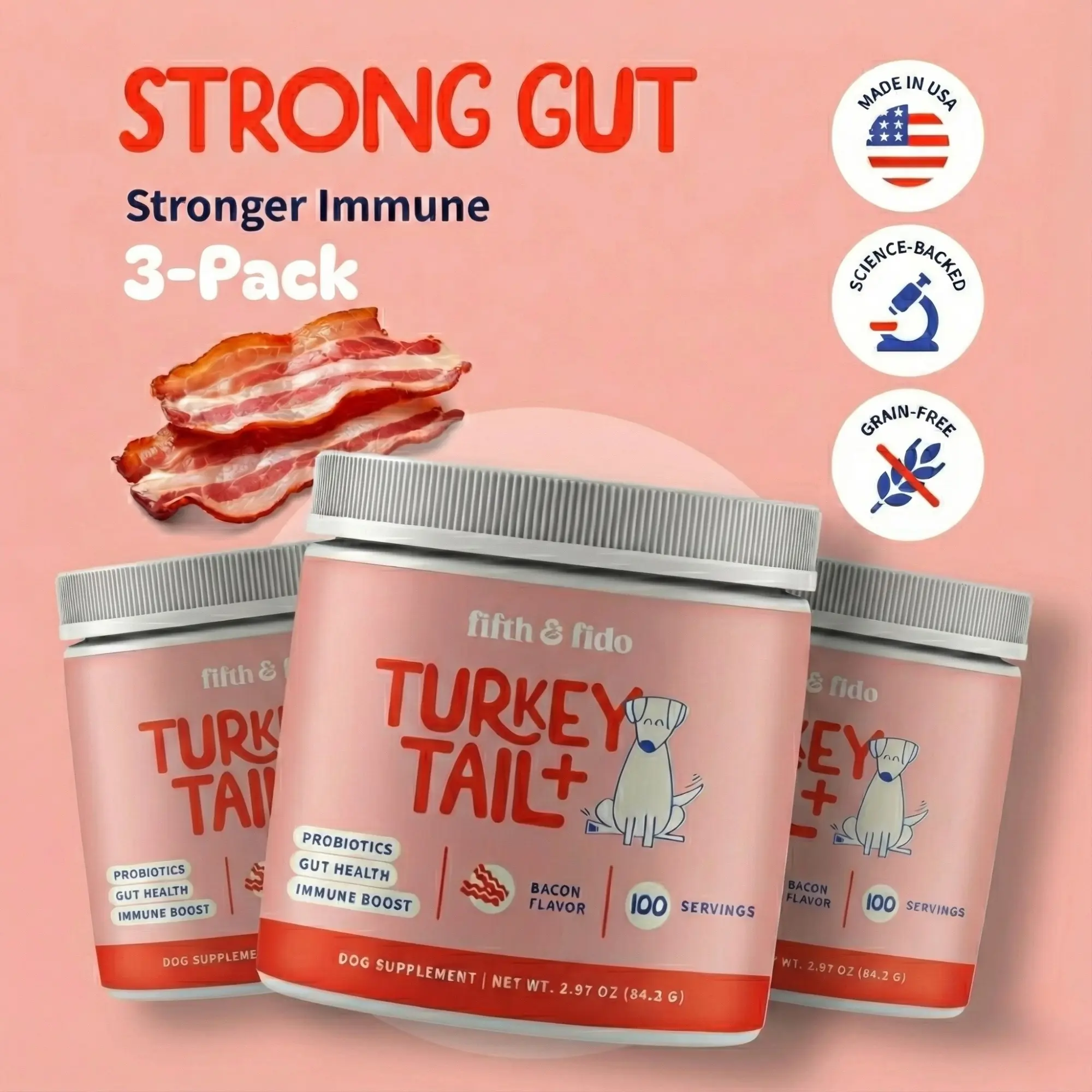 Fifth and Fido 3-Pack Turkey Tail Dog Food Topper - Bacon Flavor, Probiotic-Rich, Limited-Ingredient, Daily Dosing, Lump Reducer, Immune Boost, Gut Health Support (100 Servings Per Bottle)