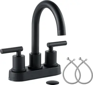 Bathroom Sink Faucet 4 Inch 2 Handle Centerset Utility Lavatory Vanity Modern 360 Rotating Black Water Faucet with Pop-up Drain Stopper Assembly and  Lines Fits 2 Hole