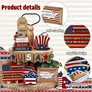 American Flag Themed Wooden Decoration, 12pcs/set Self Standing Wooden Ornament without Tray, Desktop Decoration for Home Living Room Bedroom Kitchen