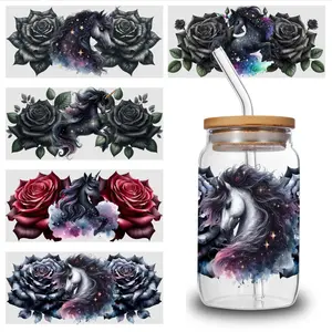 5 Sheets Unicorn Roses UV DTF Stickers Design UV DTF Cup Packaging Transfer Waterproof Self-Adhesive Paper for 16oz Glass Mug Water Bottle Cup Practical Wrap, 3d Crystal Label Waterproof And Scratch - High Quality