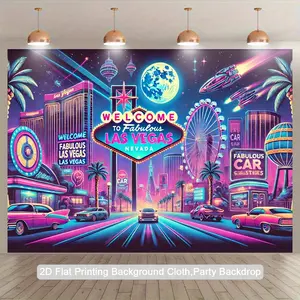 1pc Las Vegas Night Scene 2D Flat Printing Backdrop - Vibrant Neon Lights, Car, Ferris Wheel & Moon Design - Polyester Party Banner for Indoor/Outdoor Decor, Studio Props, Birthdays, Anniversaries, Photo Shoots, Las Vegas Party Decorations