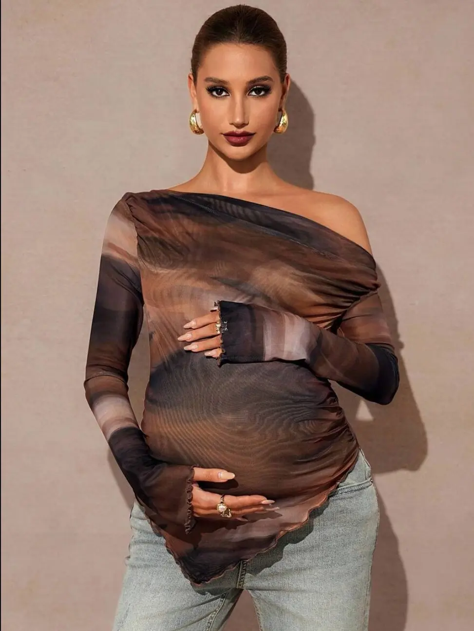 NOGN MaterniChic Maternity Oblique Shoulder Long Sleeve Ruffle Hem T-Shirt Fall Clothes Maternity Baby Shower Cute Top Off The Shoulder