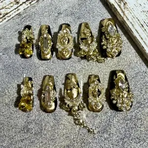 Captivating Gaze Black Golden Square Shape Acrylic Luxury Handmade Press On Nails