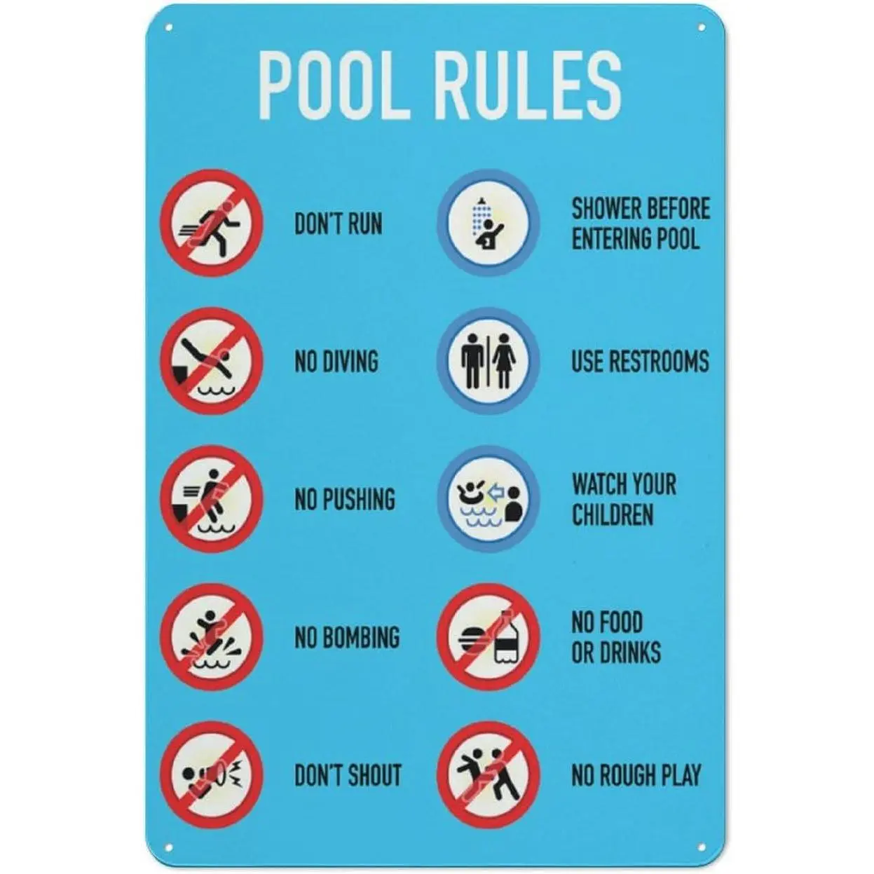 Pool Rules Sign 12 X 8 Inches Aluminum Metal Warning Signage With Symbol For Indoor Outdoor Use