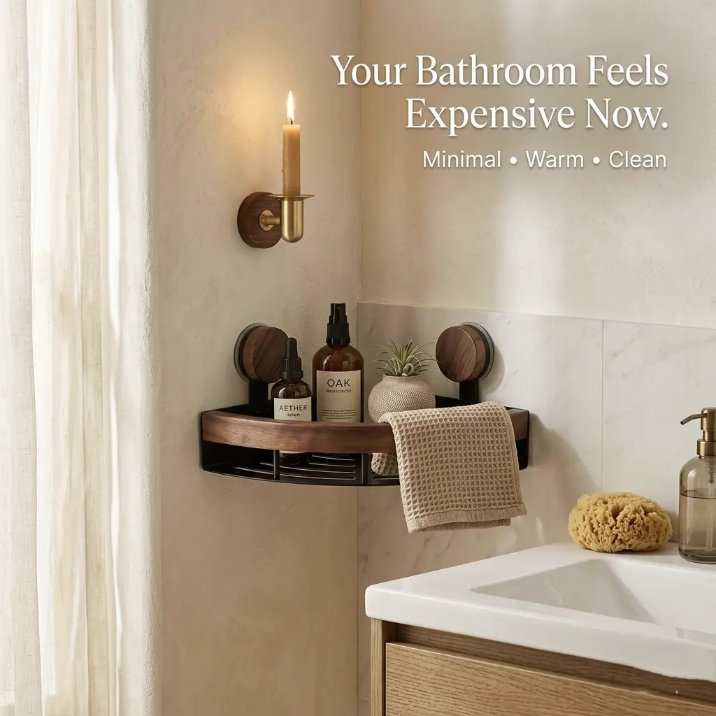 Walnut Bathroom Corner Shelf, Quiet Luxury Minimalist Corner Organizer - Bathroom Organization Shelves, Shower Caddy, Hotel Aesthetic Shower Storage, Quiet Luxury Walnut Bathroom Shelf | Minimalist Corner Organizer