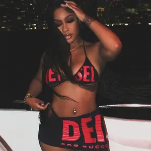 Fashionable Sexy 3D Digital Print Sleeveless Tie-Up Bodycon Mini Skirt Set