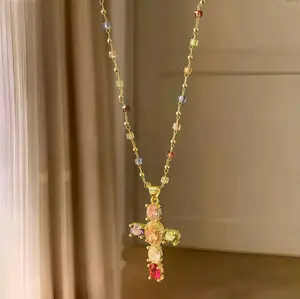 Rainbow Zirconia Cross Pendant Necklace Dainty Multicolor Crystal Choker Y2K Vintage Glam Trendy Jewelry for Women Stacking Layer Adjustable Chain Sweet Cool Girl Aesthetic Gift