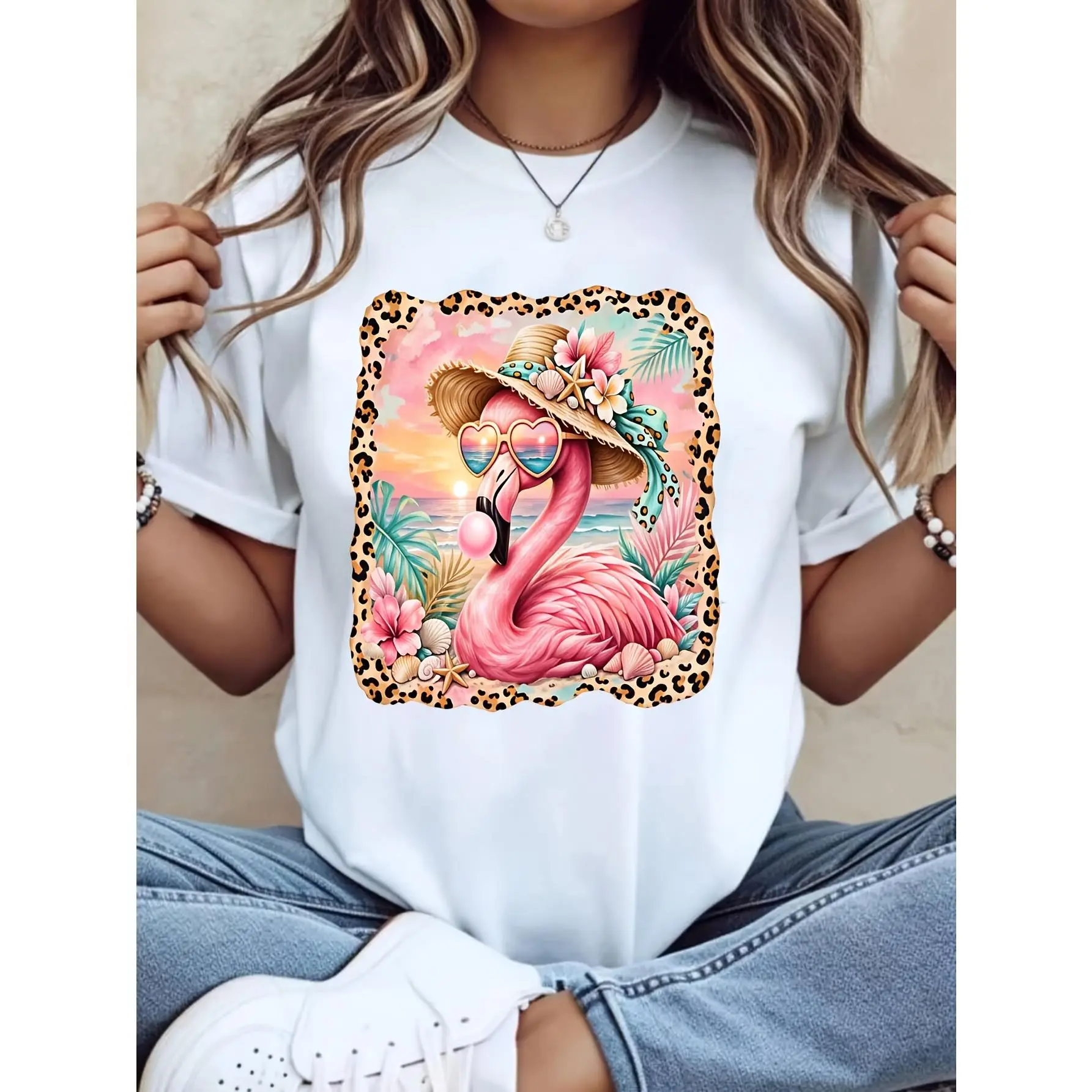 Women's Oversized Flat Graphic T-Shirt - Pink Flamingo With Hat & Sunglasses, Leopard Border, Round Neck, Short Sleeve, Cotton Breathable Fabric, Summer Beach Vacation Essential, Gym Wear, Gift For Her