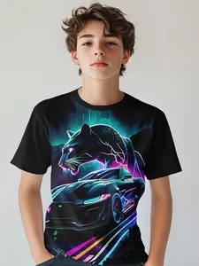 Boy Neon Panther and Car Pattern T-Shirt, Cyberpunk Streetwear, Cool Wave Racing Casual Summer Short Sleeve Top, Teenager Clothing