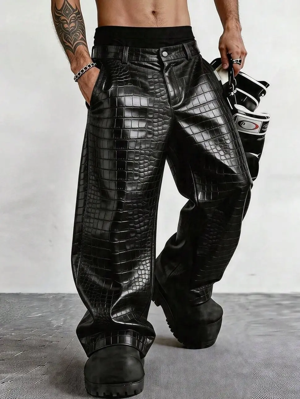 Men's Crocodile Embossed Cargo Pants, Loose Fit Wide Leg Faux Leather Trousers for Streetwear Fashion