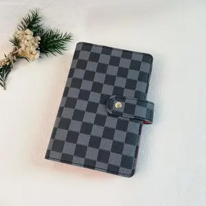 A6 Budget Planner Binder, Checkered Leather Cover 6-Ring Notebook, Daily Journal with Card Slots, Cash Stuffing Organizer for Budgeting & Planning