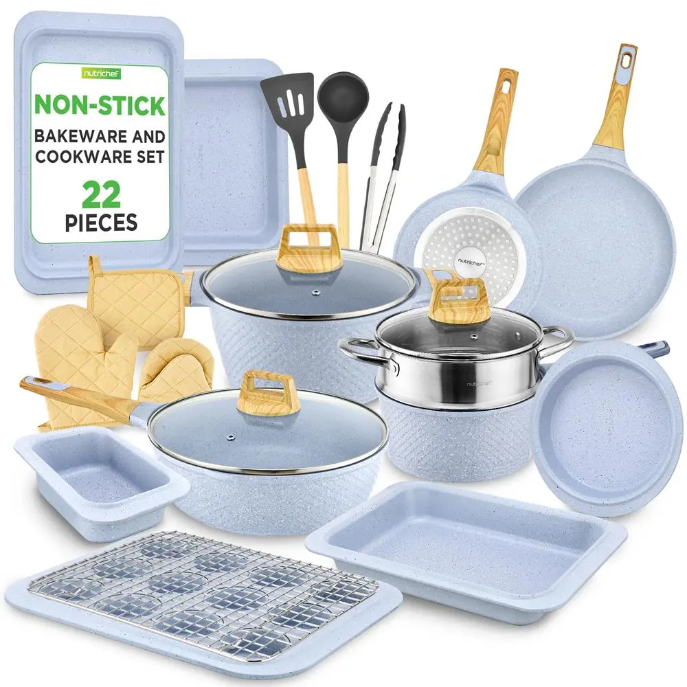 22-Piece Moon Gray Non-Stick Marble Coated Aluminium Cookware Set | Square Streamer with  Round Heat Frying Pan - Pots with Glass Lids, Metal Rack, Ladle, Gloves, Utensils, Bakeware - Safe for Gas, Electric, Ceramic, Induction Cooktops - Home Kitchenware