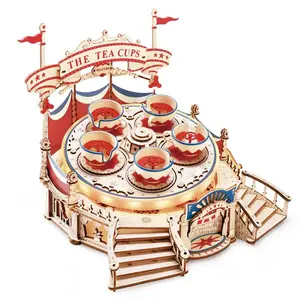 ROKR Tilt-A-Whirl EA04 DIY Music Box 3D Wooden Puzzle Kit with LED Lights, Magic Amusement Park Series, Classic Teacups Design, for Teens & Adults