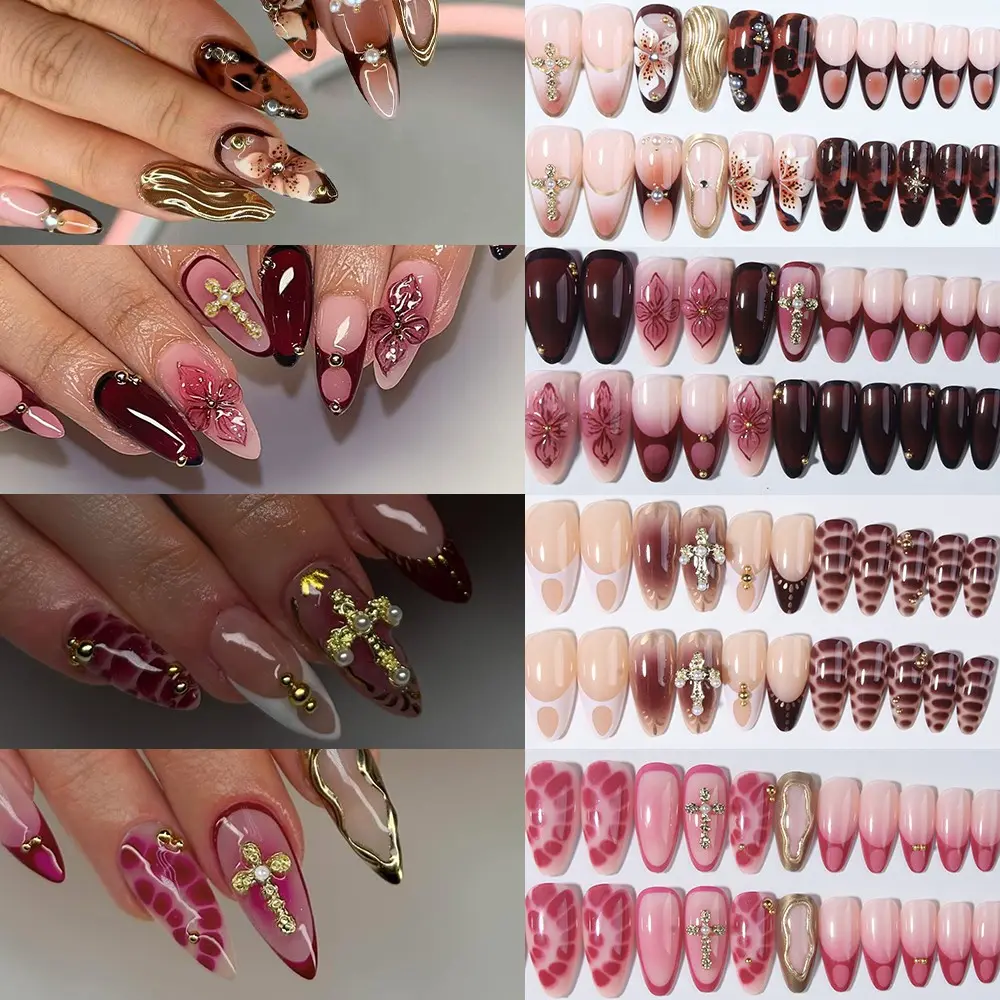 96pcs Almond Shape Press-On Nails, Glossy Finish, Leopard Print, Water Ripple Design, Alloy Cross with Rhinestones, Nail Art, Nail Set, Nail Designs
