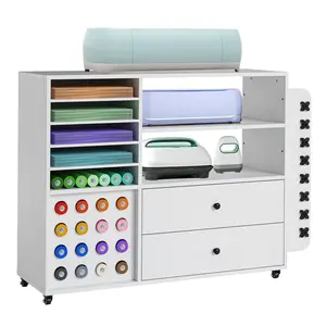 Craft Storage Cart Compatible with Cricut Machines, Rolling Craft Table Workstation for Cricut Maker | 24 Vinyl Roll Holders, 2 Drawers, Locking Wheels White