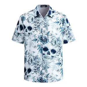 TIXMIE Menswear Short-Sleeve Button-Down Shirt - Cool Blue and White Skull Floral Print, Streetwear Hip Hop Casual Top, Ideal Father's Day Gift, Shortsleeve