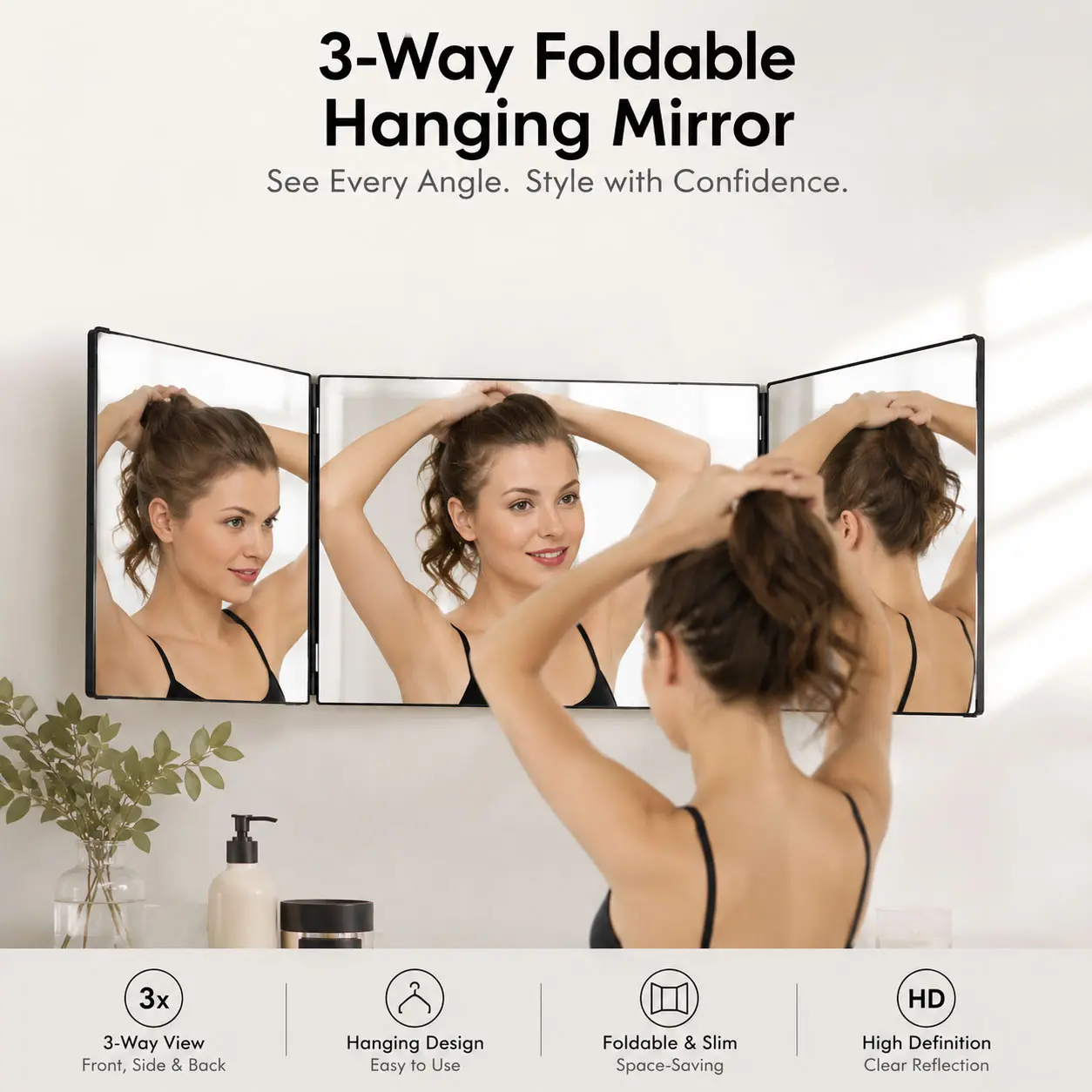 Hanging Foldable Trifold Mirror, Modern Mirror 1 Piece Three-sided Folding HD Door Back Hanging Makeup Mirror For Men Women