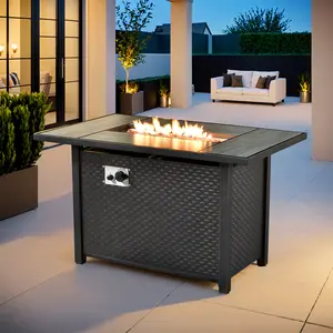Weaxty Steel Fire Pit, 42/54'' Outdoor Propane Fire Pit Table 50,000 BTU Rectangle Pit with Tiles Tabletop and Waterproof Cover, Gas Fire Table for Garden,Patio, Modern Safety, Heating BBQ 2 in 1