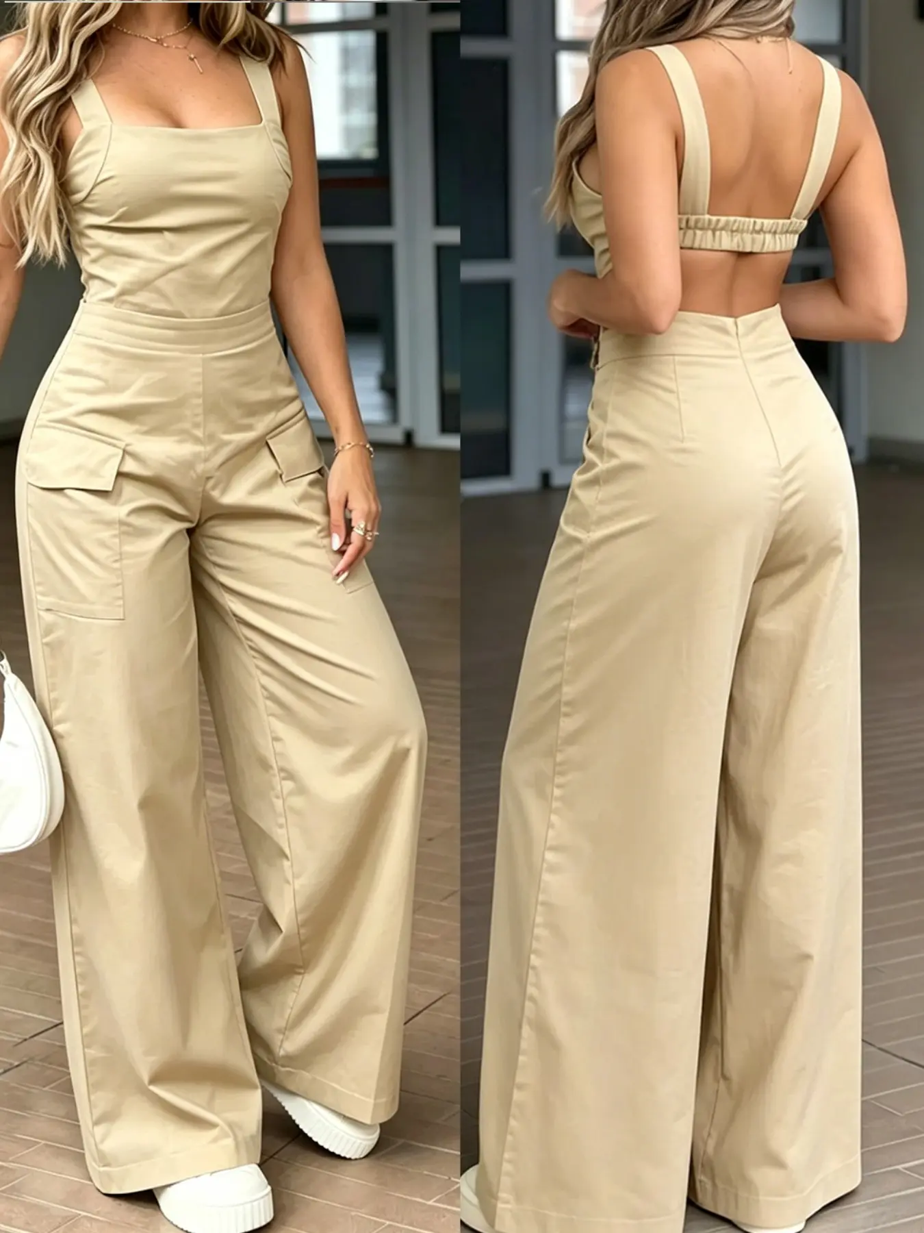 New Women's Backless Overalls Jumpsuit, High-Waisted Wide-Leg Casual Workwear Style, Slimming One-Piece Pants, Fashionable and Comfortable