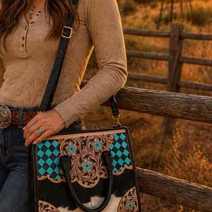 Turquoise Checkered Cowhide Handbag