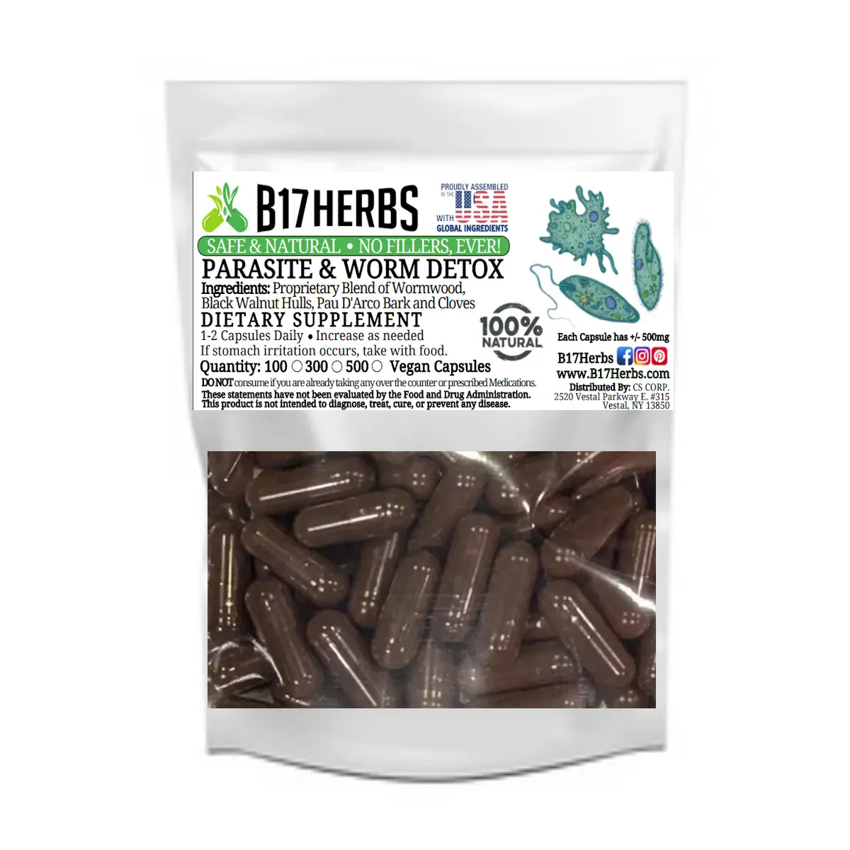 Cleanse  Blend - Wormwood,  Black Walnut Hulls , Pau D'Arco, Clove - 100, 300, or  500 Veggie Capsules