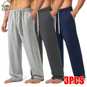 Men's 3 Pack Soft Cotton Sweatpants, Loose Fit Straight Leg Drawstring Lounge Pants with Pockets, Comfy Casual Athletic Joggers for Sleep, Workout, Home Wear