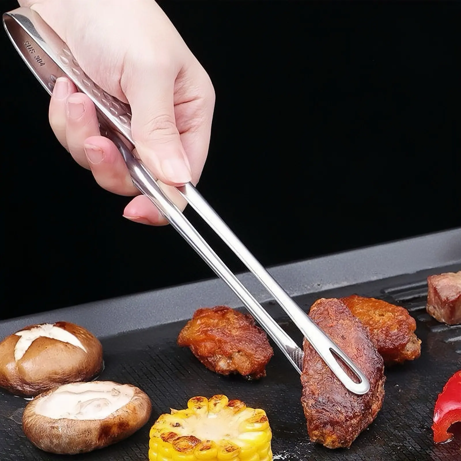 【Buy One Get One Free】Buy 11 inches and get a free 9.4 inches HUASI stainless steel grill tongs, heavy duty rust-proof, ergonomic handle food tongs, chef cooking tongs, suitable for serving food, steak, salad, handy kitchen tools, camping essentials