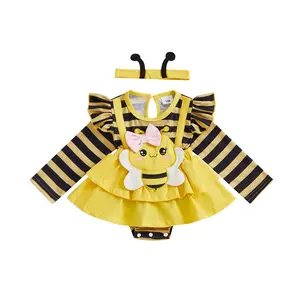 Baby Girl Romper Dress Long Sleeve Round Neck Bee Embroidery Jumpsuit with Headband