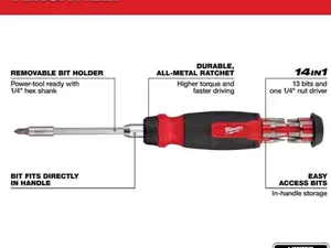 Milwaukee 14in1 Ratchet Screwdriver with Removable Bit Holder & Durable All-Metal Ratchet for Higher Torque and Faster Driving