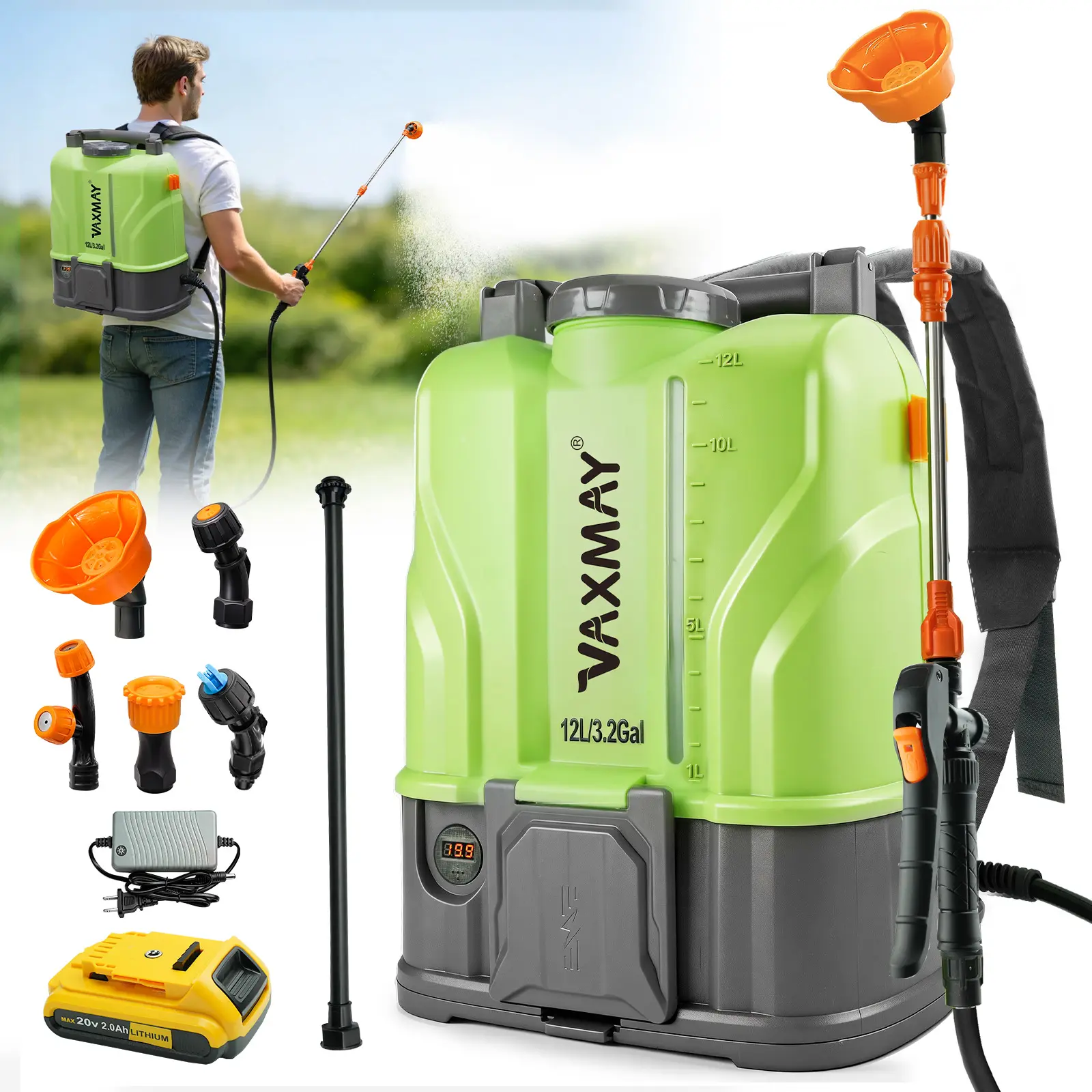 【Father's Day Gift】VAXMAY Battery-Powered Backpack Sprayer, 3.2 Gal 100 PSI Strong Spraying Electric Tool, DeWalt 20V Batteries Compatible, 2 Wands, 5 Nozzles, 2.0 Ah Cell, Charger, Breathable Back Padding, Digital Voltage Display for Comfortable Carry, F