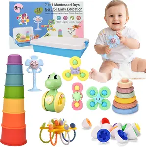 Summer Spring Gift Montessori Baby Toys 6-9 12-18 Month,7-in-1 Sensory Infant Teething Toys for 6-12 Month,Stacking Blocks Cups Ring Matching Eggs Pull String Suction Cup Toy for Babies 6-12+ Months,1 Year old Baby Gift