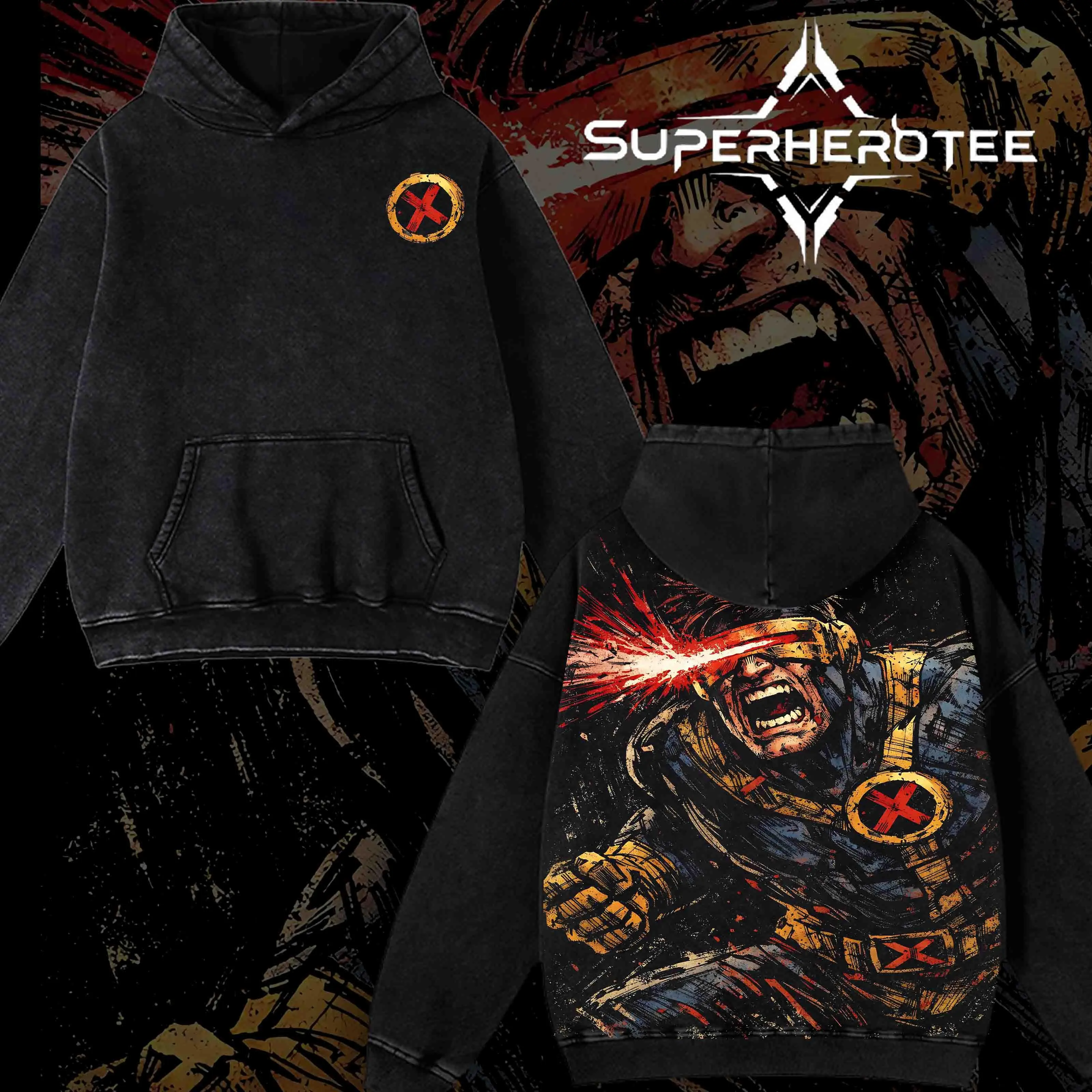 [ superhero hoodie ] Cyclops Special Edition – X-Men Washed Hoodie Acid Wash Vintage Oversized Streetwear Pullover for Men Women, Graphic Design Apparel Gift for Movie Fans