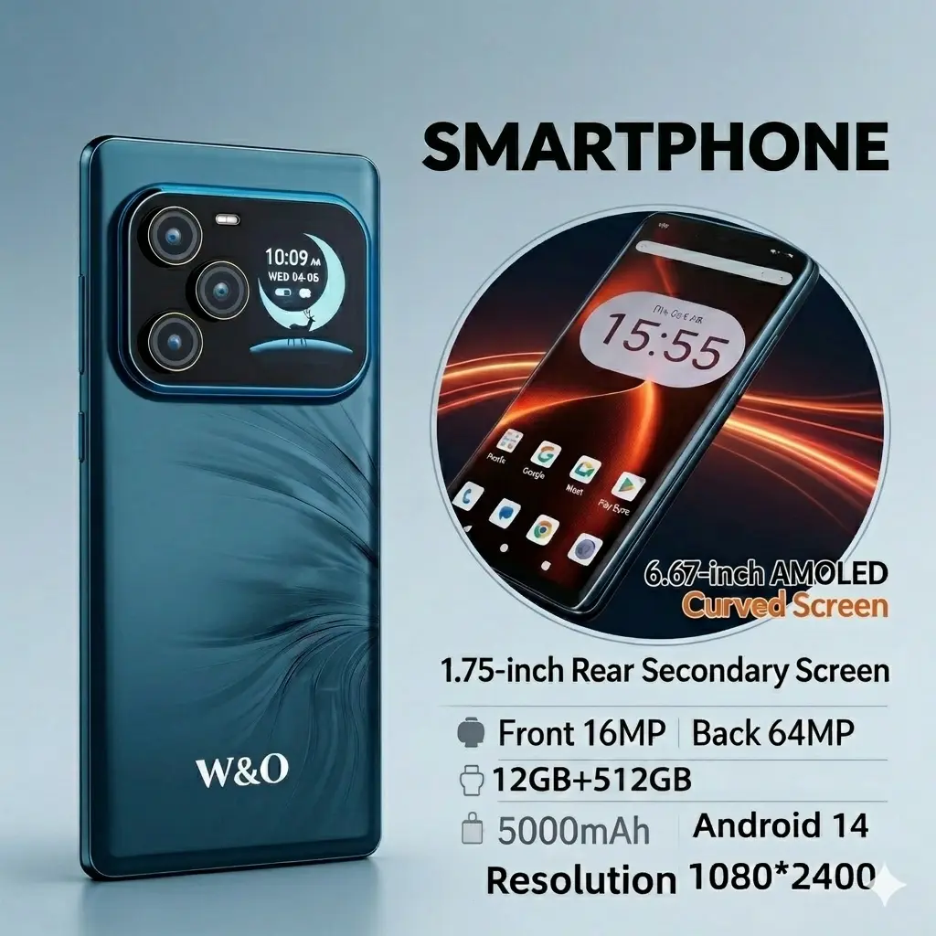 2026 New Smartphone 12GB+512GB Unlocked Android 14 Cell Phone, 6.67" Curved AMOLED Display, Innovative 1.75" Rear Secondary Screen, 64MP Dual Camera, 5000mAh Battery, Fast Charging, Dual SIM 4G/5G LTE, High Performance Mobile Phone for Gaming & Vlogging